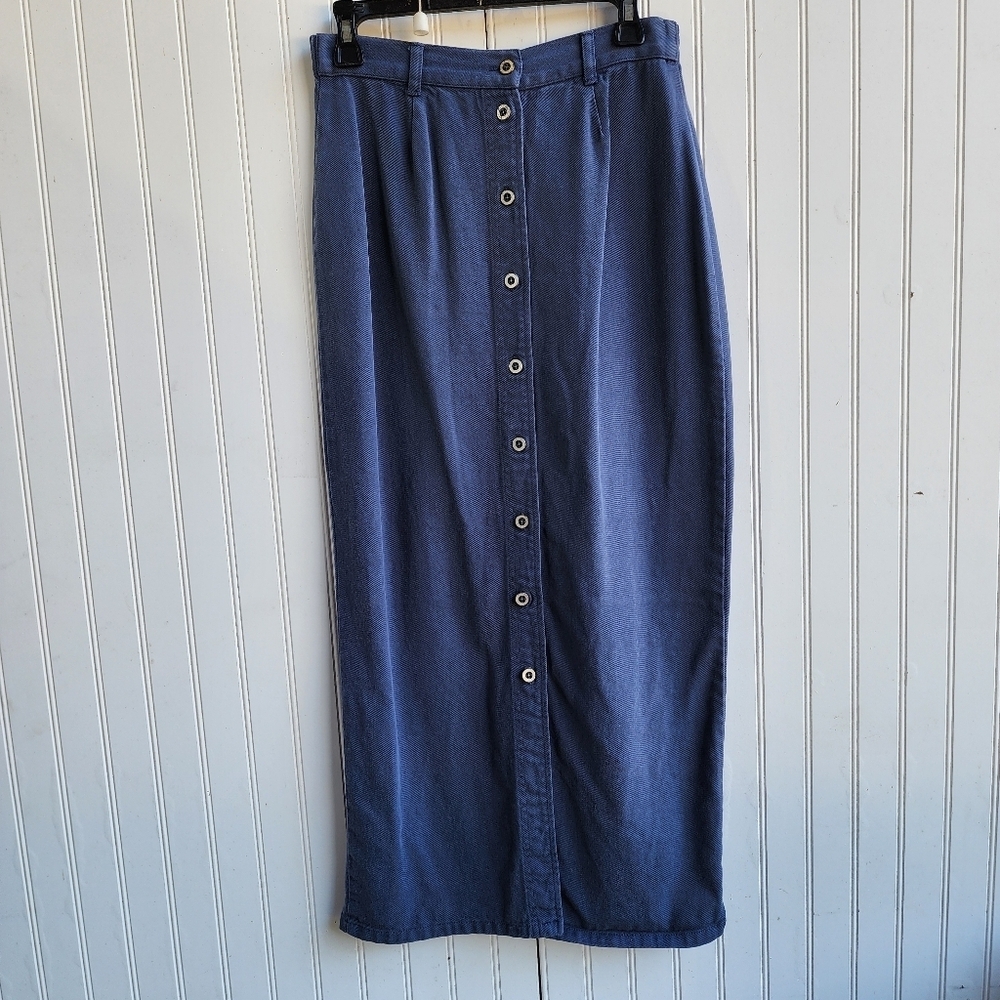 VTG ACTION WEAR Women’s Denim Long Maxi Skirt Elastic Waist Blue Button Front S